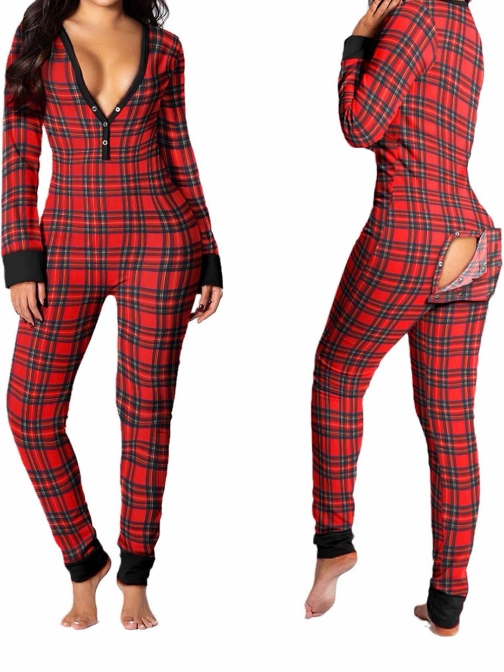 Women’s Red Plaid Snap-Front Onesie Pajama